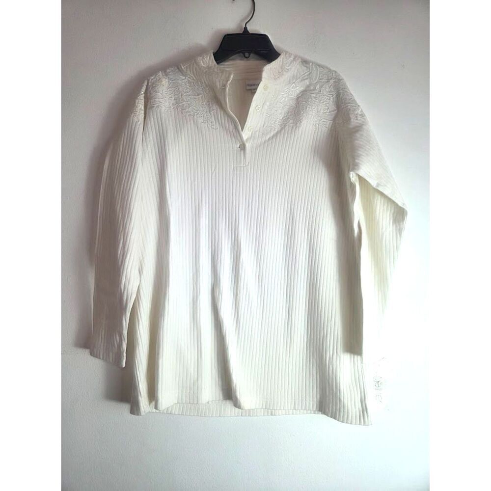 NWT Together Off White Waffle Knit Floral Embroidery 100% Cotton Knit Blouse 1X